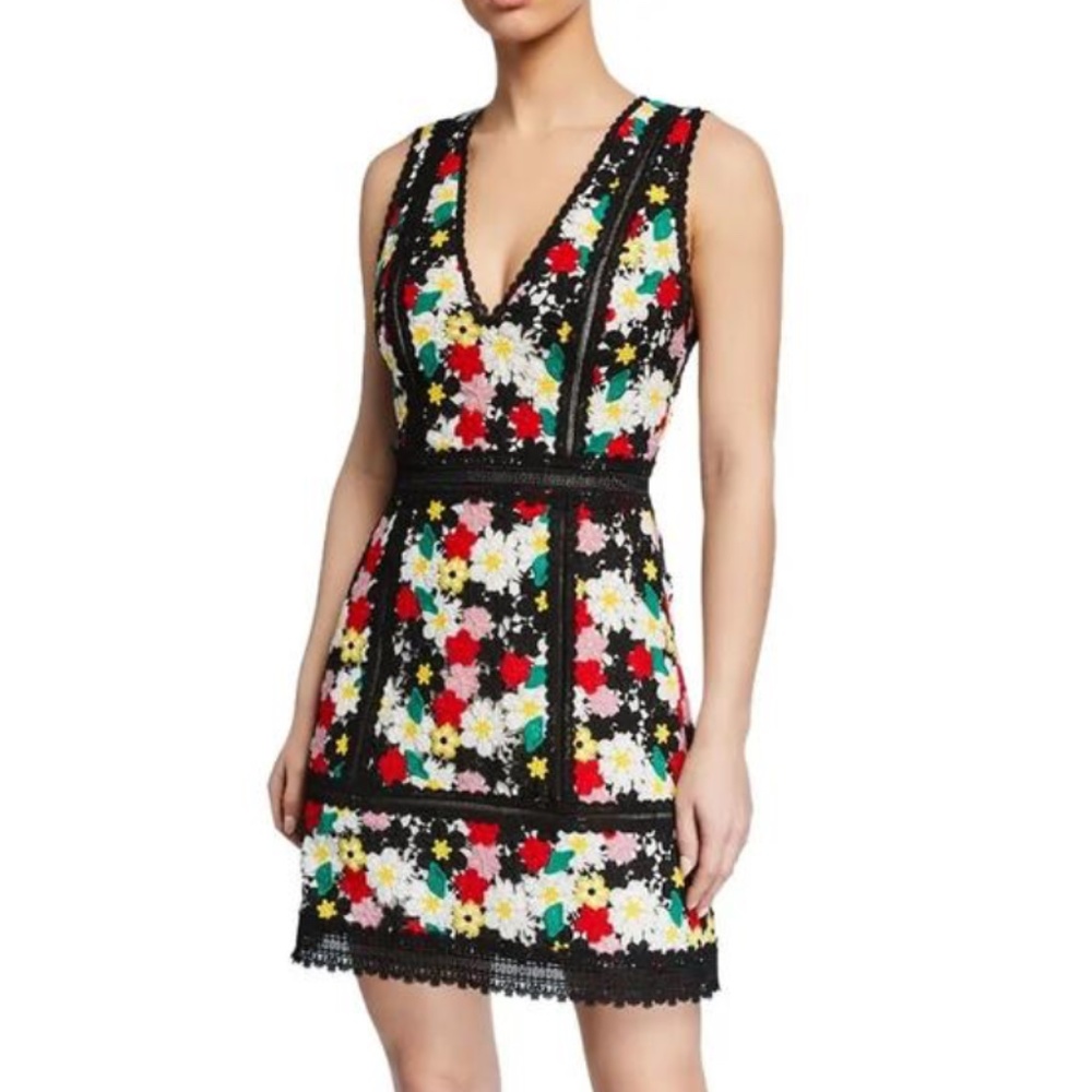 Alice + Olivia Zula Floral-embroidered V-neck Sleeveless Party Cocktail Dress